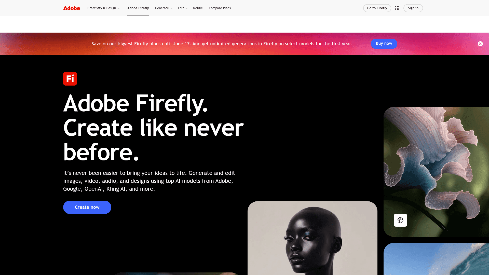 Adobe Firefly — главный экран лендинга