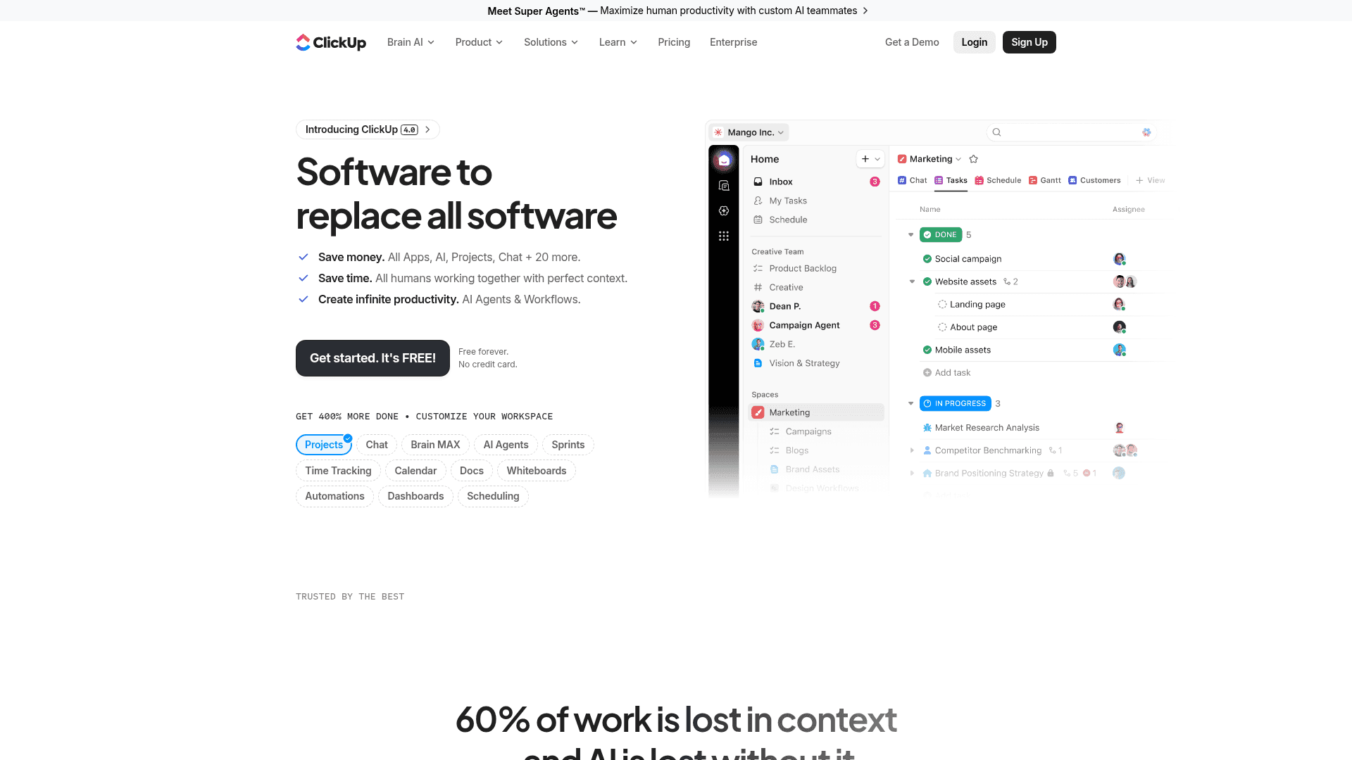 ClickUp — главный экран лендинга