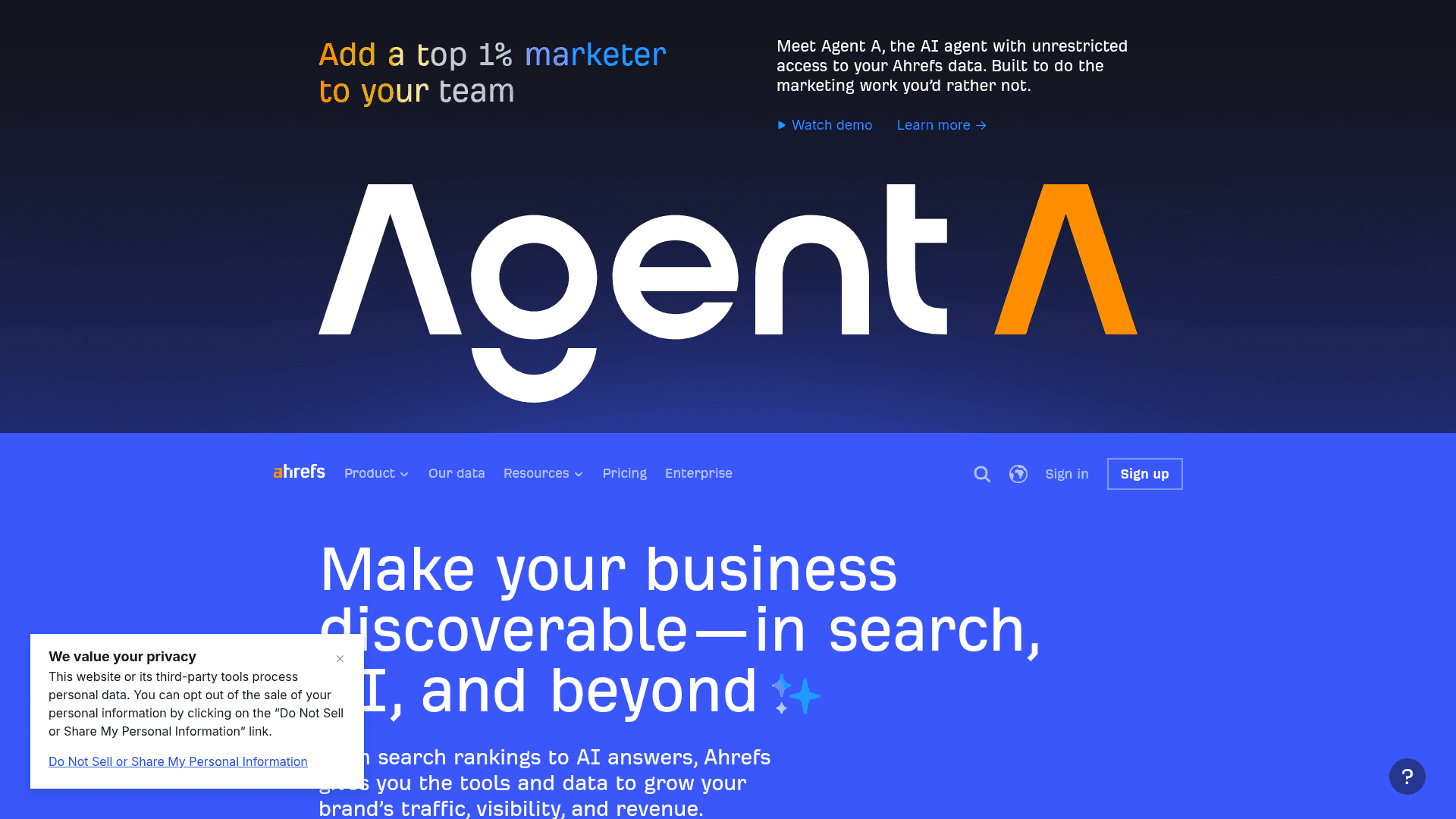 Ahrefs — главный экран лендинга