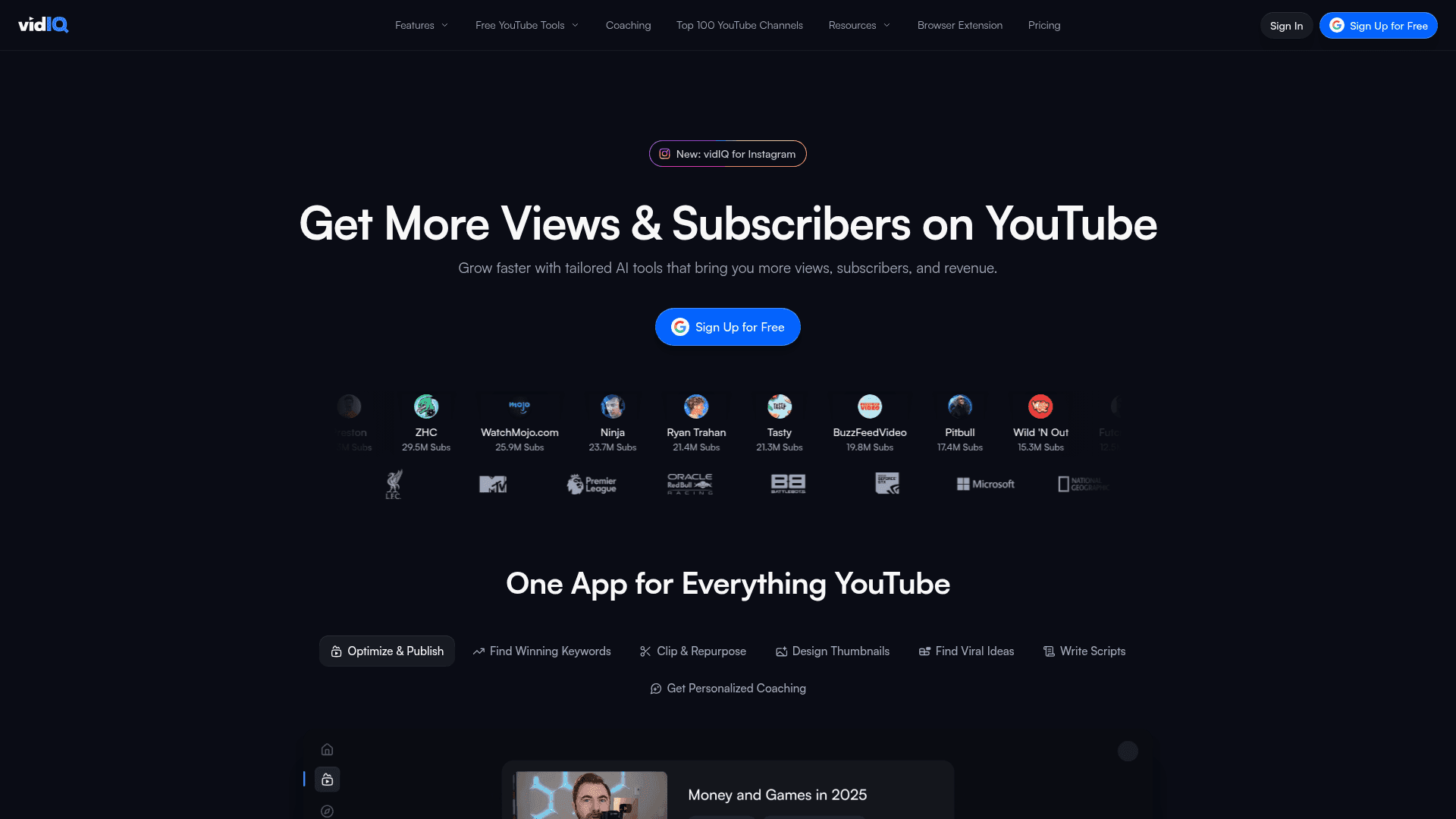 VidIQ — главный экран лендинга
